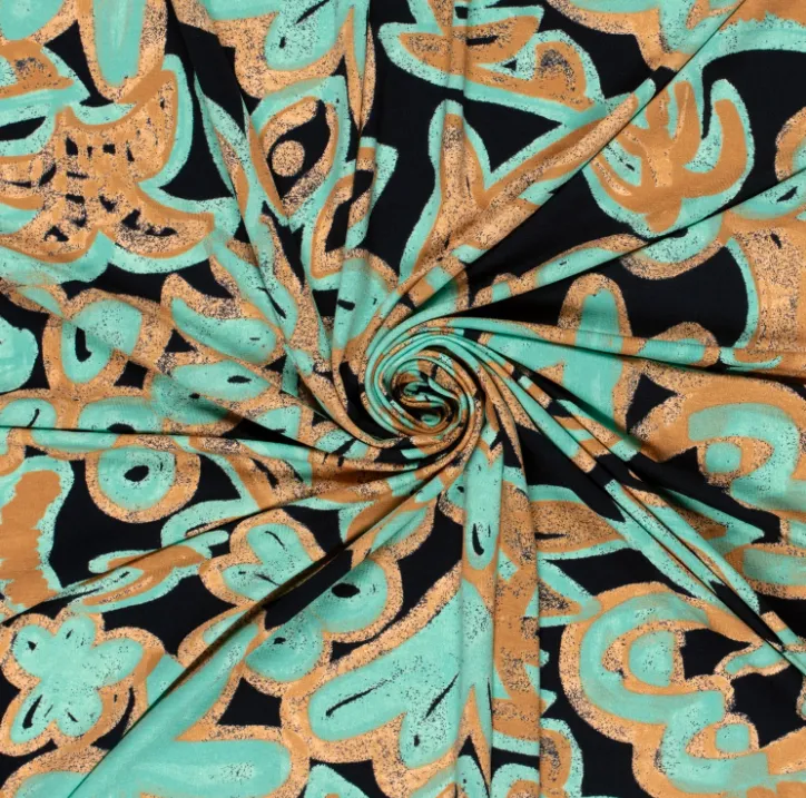 Viscose tricot bedrukt bloemen mint  -  My Image